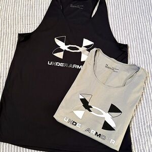 Set of 2 Under Armour YXL Black & Gray Performance Tank Tops youth xl kids logo